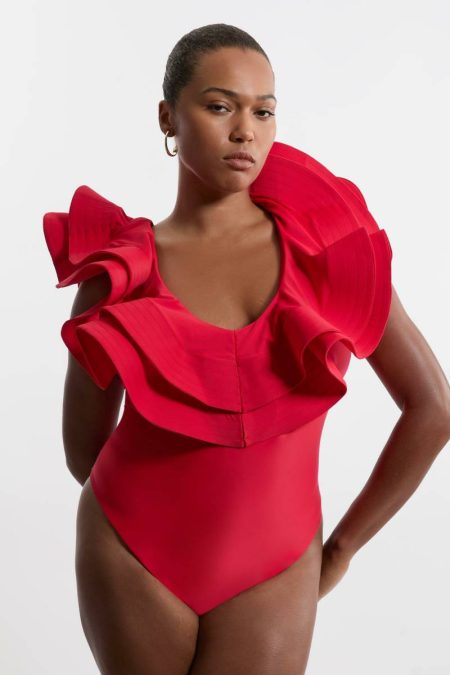 Plus Size Drama Frill Swimsuit Swimwear Women Karen Millen Red