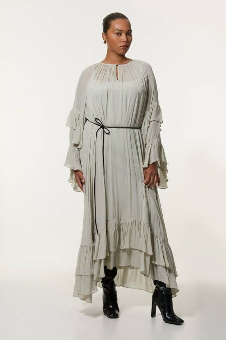 Plus Size Drama Kimono Viscose Georgette Woven Maxi Dress With Pu Belt Karen Millen Maxi Dresses Sage Women