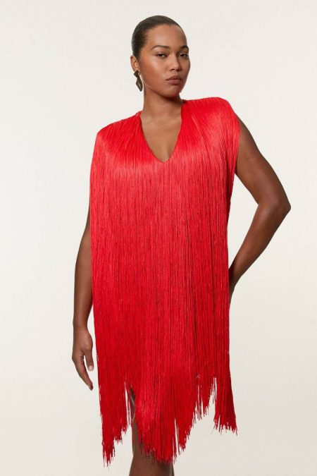 Plus Size Figure Form Bandage Knit V Neck Fringe Mini Dress Women Mini Dresses Karen Millen Coral