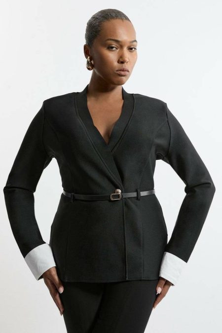 Plus Size Figure Form Bandage Knit Woven Cuff And Belted Jacket Women Karen Millen Black Tailoring