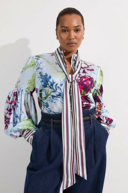 Plus Size Floral Printed Balloon Sleeve Woven Tie Neck Blouse Karen Millen Women Tops Floral