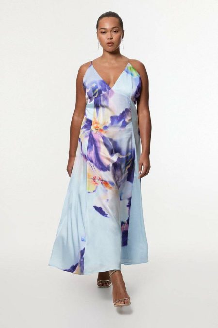 Plus Size Hammered Satin Deep V Strappy Woven Maxi Dress Karen Millen Maxi Dresses Floral Women