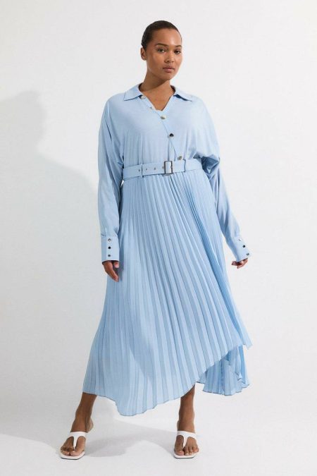Plus Size Jersey And Georgette Mix Belted Pleat Midi Dress Light Blue Women Karen Millen Midi Dresses
