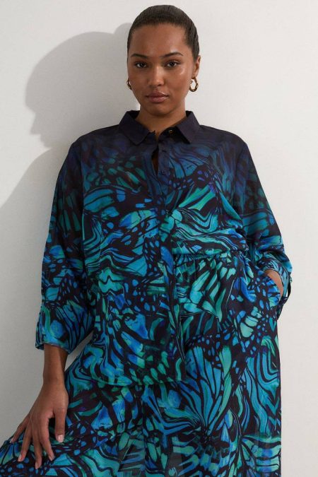 Plus Size Ombre Butterfly Viscose Georgette Beach Shirt Turquoise Karen Millen Women Tops