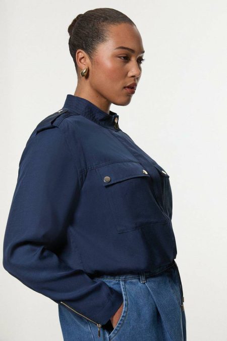 Plus Size Premium Viscose Linen Topstitch Woven Bomber Jacket Navy Karen Millen Women Suits