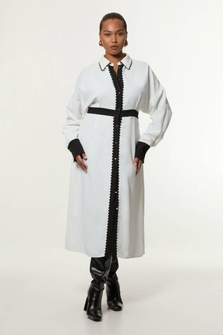 Plus Size Scallop Trim Woven Crepe Shirt Dress Maxi Dresses Ivory Women Karen Millen