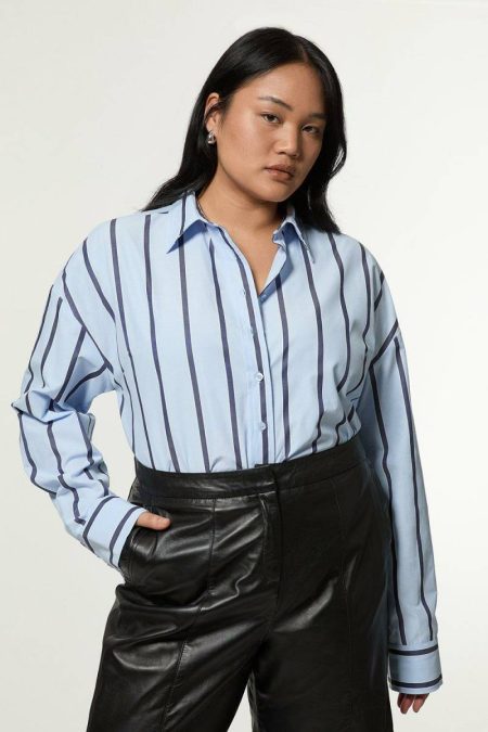 Plus Size Stripe Cotton Oversize Tailored Essential Shirt Pale Blue Tops Women Karen Millen