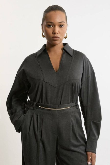 Plus Size Tailored Collared Long Sleeve Shirt Dark Grey Tailoring Karen Millen Women