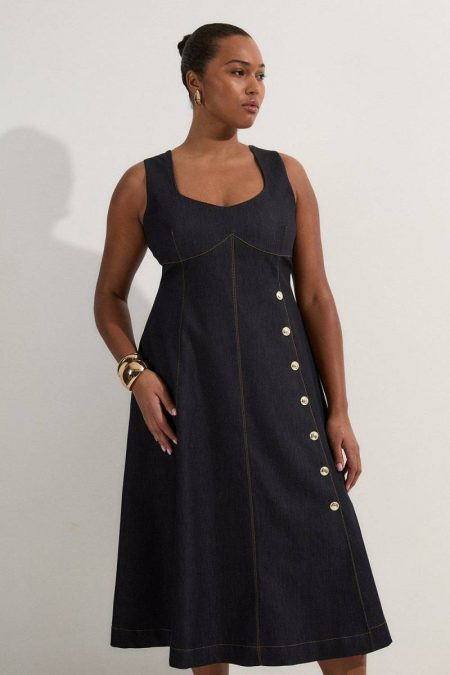Plus Size Tailored Denim Sleeveless Full Skirted Midi Dress Women Indigo Karen Millen Midi Dresses