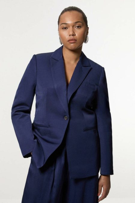 Plus Size Tailored Viscose Linen Single Breasted Blazer Jacket Navy Women Karen Millen Tailoring