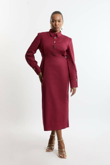 Plus Size Techno Cotton Woven Maxi Shirt Dress With Gold Clasps Women Karen Millen Berry Maxi Dresses