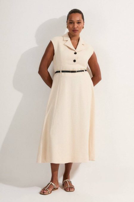 Plus Size Textured Tweed Belted Full Skirted Midi Dress Cream Karen Millen Midi Dresses Women