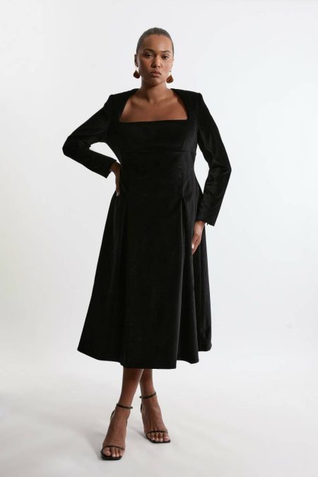 Plus Size Velvet Tailored Pleat Full Skirted Maxi Dress Karen Millen Black Women Tailoring