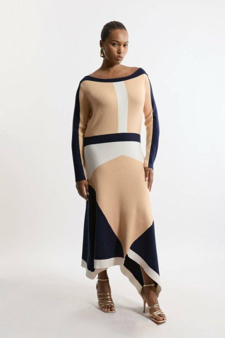 Plus Size Viscose Blend Knit Asymmetric Color Block Dress Neutral Tailoring Women Karen Millen