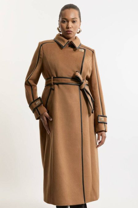 Plus Size Wool Blend Pu Trim Belted Tailored Double Breasted Coat Karen Millen Tailoring Women Camel