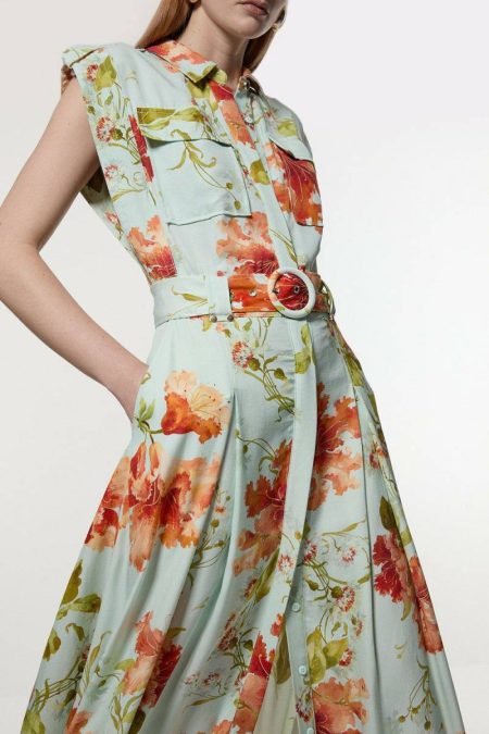 Premium Viscose Linen Floral Belted Woven Shirt Dress Women Midi Dresses Karen Millen Floral