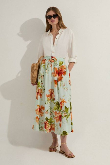 Premium Viscose Linen Floral Tie Waist Woven Skirt Skirts Karen Millen Women Floral