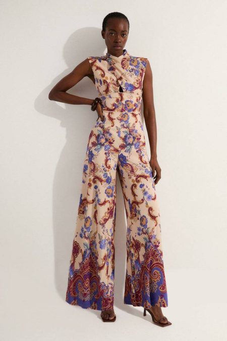 Premium Viscose Linen Paisley Border Print Woven Jumpsuit Multi Karen Millen Jumpsuits Women
