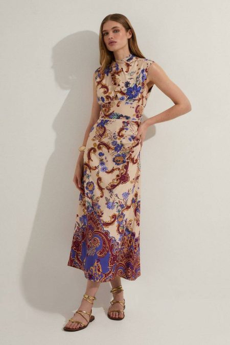 Premium Viscose Linen Paisley Border Print Woven Midi Dress Midi Dresses Women Karen Millen Multi
