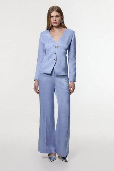 Premium Viscose Linen Tailored Wide Leg Pants Tailoring Karen Millen Ivory Women