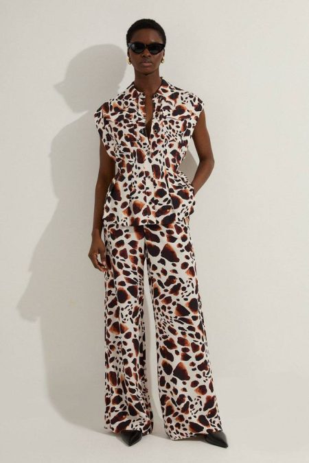 Premium Viscose Linen Woven Straight Leg Pants Animal Two-Piece Sets Women Karen Millen