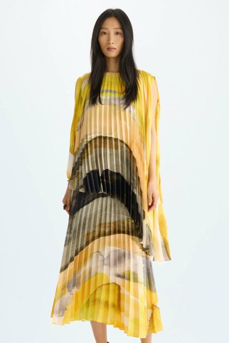 Print Twill A-Line Pleated Dress Yellow/Multicolour Women Dresses Purificacion Garci
