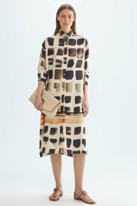 Purificacion Garci Beige/Multicolor Cubos Print Twill Midi Shirt Dress Women Dresses