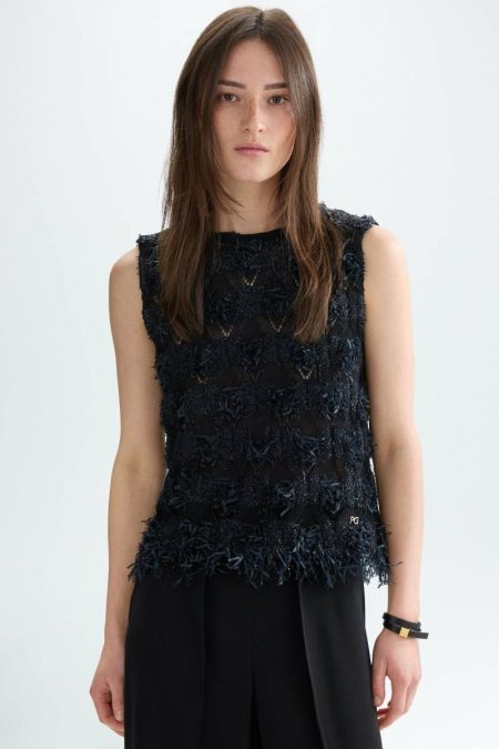 Purificacion Garci Black Fringed Pointelle Knit Paper Thread Straight-Fit Top T-Shirts And Tops Women