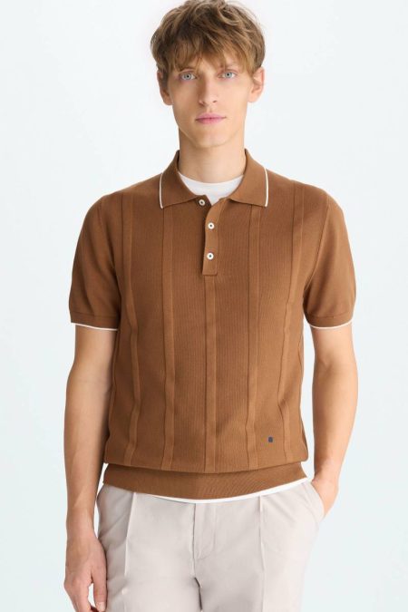 Purificacion Garci Brown Polo Shirts Men Ribbed Effect Knit Polo Shirt