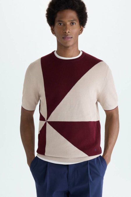 Purificacion Garci Burgundy Men T-Shirts Origami Intarsia Textured Knit T-Shirt