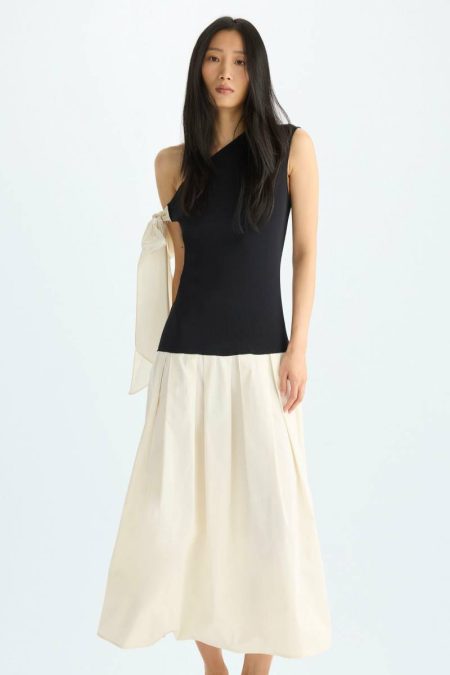 Purificacion Garci Evening Stretch Knit Taffeta Asymmetric Midi Dress Women Black/Ivory
