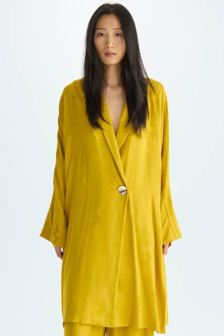 Purificacion Garci Floral Jacquard Oversize Frock Coat Mustard Women Outerwear