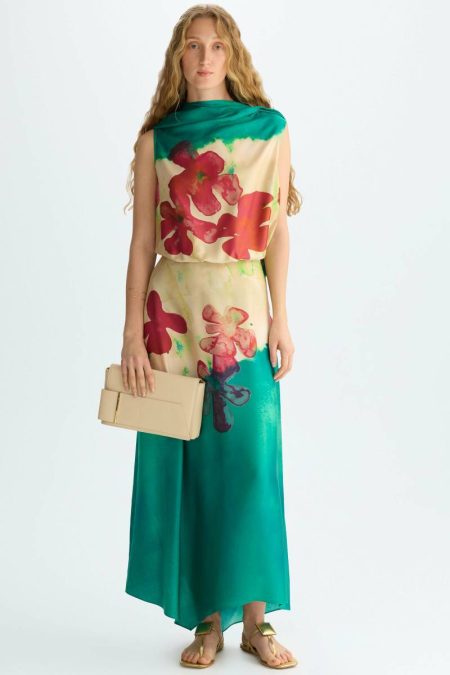 Purificacion Garci Green/Multicolor Draped Print Twill Midi Dress Dresses Women