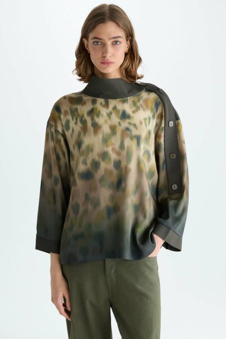 Purificacion Garci Knitwear Print Twill Stretch Knit Oversize Blouse Women Khaki Green/Brown/Beige