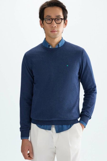 Purificacion Garci Men Navy Cotton Crew-Neck Sweater Knitwear