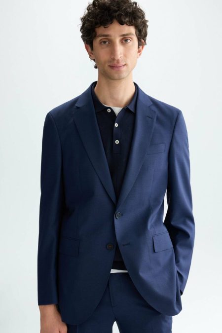 Purificacion Garci Men Navy Suits And Blazers Wool Fil-À-Fil Classic Fit Suit Jacket