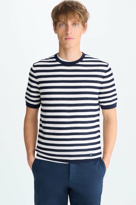 Purificacion Garci Navy/Ecru Striped Pointelle Knit T-Shirt T-Shirts Men