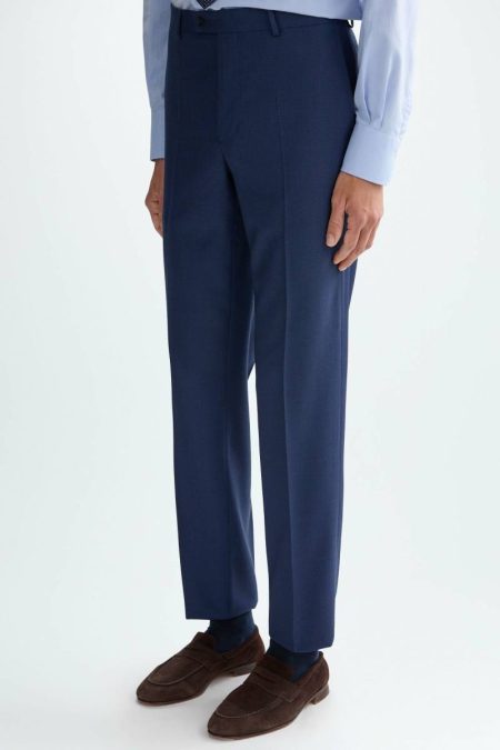 Purificacion Garci Navy Trousers Men Wool Bird's Eye Weave Classic Fit Suit Trousers