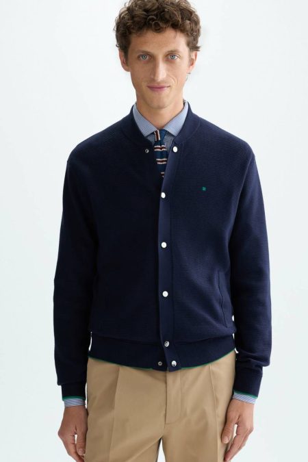 Purificacion Garci Outerwear Men Navy Pima Cotton Textured Knit Bomber Jacket