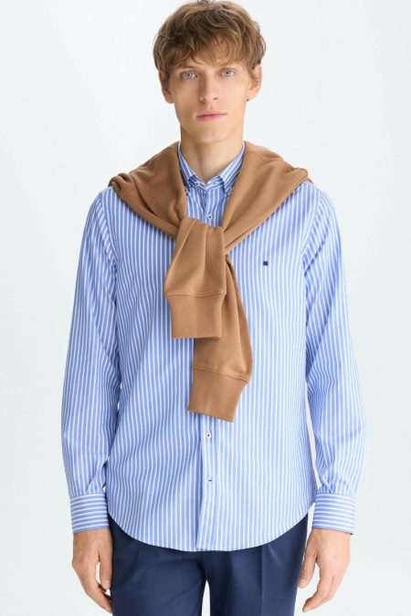 Purificacion Garci Shirts Sky Blue/White Candy Stripe Poplin Shirt Men