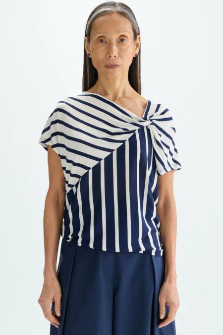 Purificacion Garci Striped Print Straight-Fit Asymmetric T-Shirt White/Navy Women T-Shirts And Tops