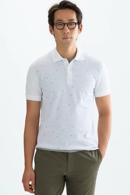 Purificacion Garci White/Blue Polo Shirts Men Word Search Print Piqué Polo Shirt