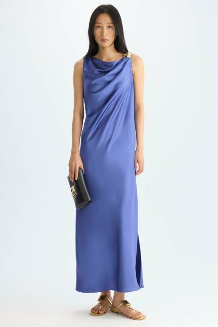 Purificacion Garci Women Blue Evening Cubiflor Draped Satin Midi Dress