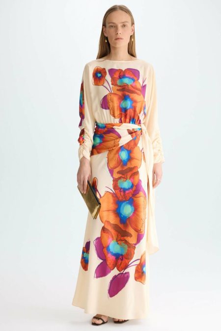 Purificacion Garci Women Dresses Beige/Multicolor Floral Print Twill Straight-Fit Long Dress