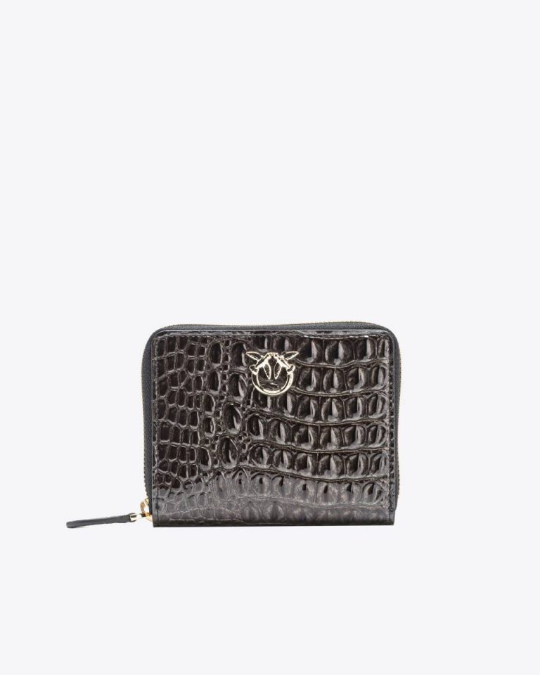 Purses Black-Light Gold Pinko Galleria Square Leather Wallet In Shiny Croc-Print Leather