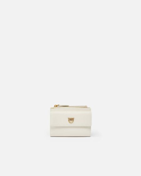 Purses Compact Small Wallet In Smooth Leather With Logo Pinko White+White-Antique Gold