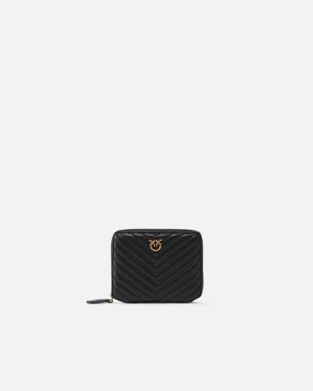 Purses Pinko Black-Antique Gold Square Quilted Nappa Leather Zip-Around Purse