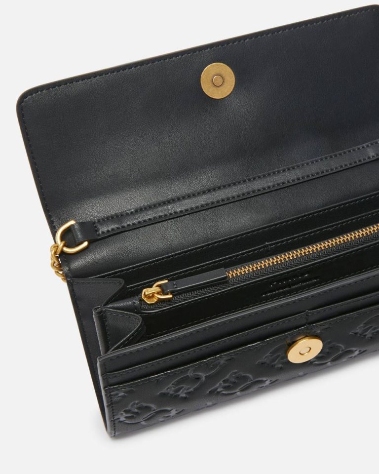 Purses Rectangular Monogram Leather Wallet With Strap Pinko Black-Antique Gold - Image 4