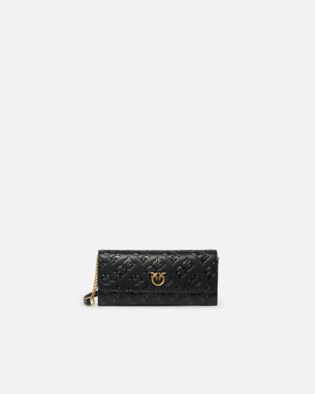 Purses Rectangular Monogram Leather Wallet With Strap Pinko Black-Antique Gold