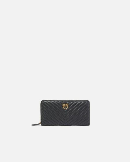 Purses Zip-Around Wallet In Chevron-Patterned Nappa Leather Pinko Black-Antique Gold